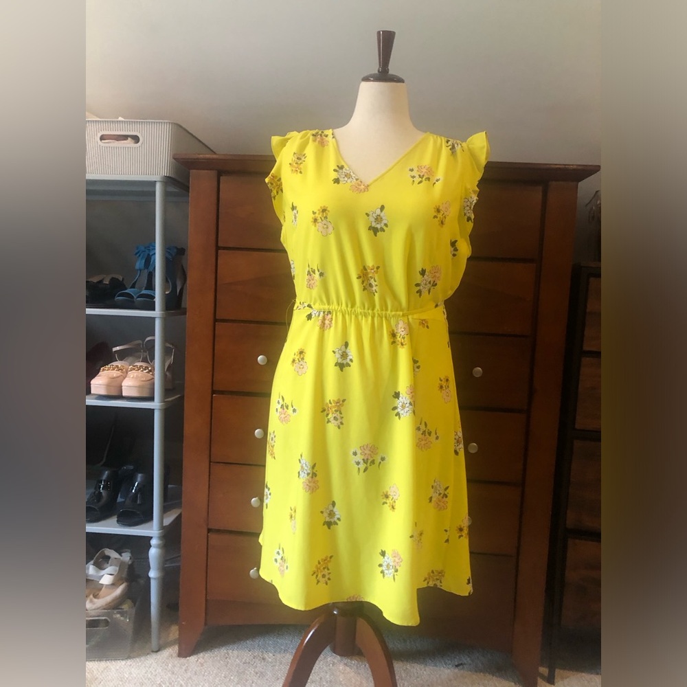 LOFT Yellow Floral V-Neck Dress